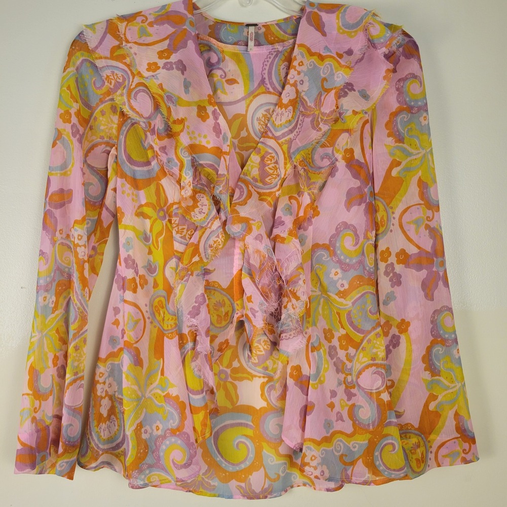 Free People Pink Psychedelic Paisley Ruffle Front Sheer Blouse‎ Small Boho Retro
